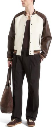 Mani&egrave;re De Voir Guy Contrast Leather Bomber Jacket in Cream at Nordstrom, Size X-Small