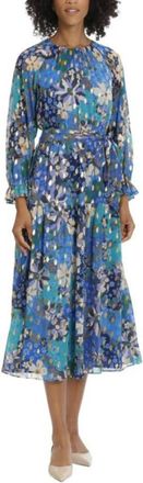 Maggy London Belted Keyhole Metallic Floral Dress In Cream Teal