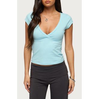 Edikted Penelopy Overlap V-Neck T-Shirt in Light-Blue at Nordstrom, Size X-Small