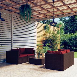 vidaXL Set Muebles De Jard&iacute;n 5 Piezas Y Cojines Rat&aacute;n Sint&eacute;tico Marr&oacute;n Vidaxl