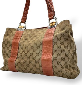 Gucci Brown Gg Canvas Leather Handbag Tote Bag (Pre-Owned)