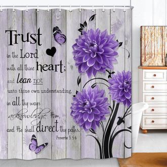 OEM Cortina De Ducha Estilo Granja Con Estampado Floral De Mariposas, Dise&ntilde;o R&uacute;stico De Dalias Moradas, Con Texto, Lavable, Juego De 70x70 Pulgadas + Ganc