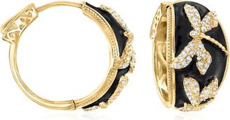 Ross-Simons White Topaz and Black Enamel Dragonfly Hoop Earrings in 18kt Gold Over Sterling