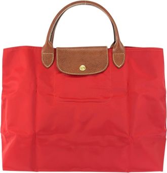 Longchamp Brown Red Color Nylon Leather Handbag Tote Bag (Pre-Owned)