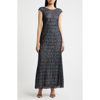 Pisarro Nights Crochet Bateau Neck A-line Gown in Black 001 at Nordstrom, Size 18