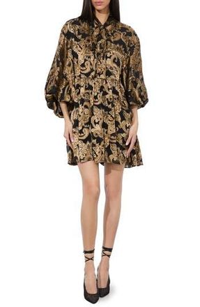 Alice & Olivia Opal Tie Neck Long Sleeve Minidress in Spring Paisley Black at Nordstrom Rack, Size Large