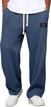 Generic Waffle Trousers Men Straight Legs Casual Jogging Bottoms Elastic Waist Drawstring Baggy Wide Leg Sweatpants Plain Ribbed Lounge Pants Loose Sports Tro