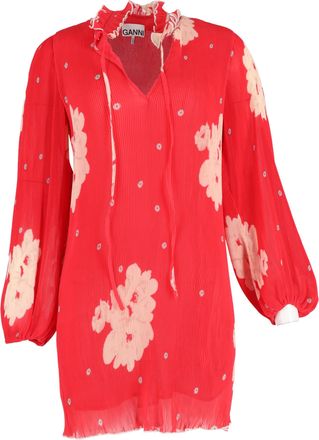 Ganni Pre-owned Womens Ruffle-Trimmed Floral-Print Pliss&eacute;-Chiffon Mini Dress In Red Viscose - Size EU 32 (Womens)