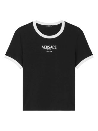 Versace Black Cropped Viscose Contrast Trim T-shirt