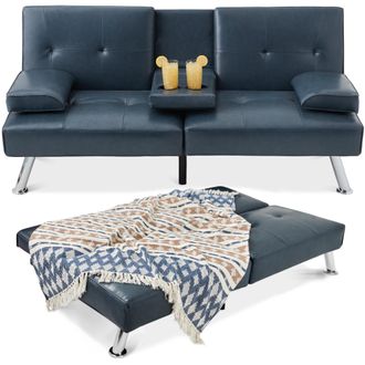 Best Choice Products Modern Faux Leather Convertible Futon Sofa w/ Removable Armrests, 2 Cupholders