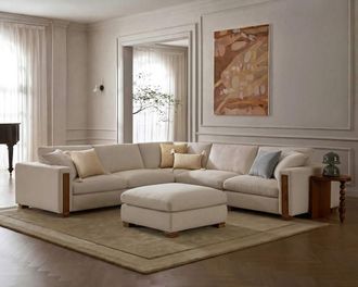 Castlery Tan France Kagan 5-Piece L-Shape Sectional Couch with Ottoman, Basketweave Cream - Castlery