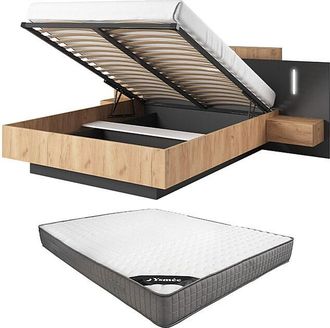 Vente-Unique Canap&eacute; abatible con mesitas de noche 160 x 200 cm - 2 cajones - Con LEDs - Colores: Natural y antracita + Colch&oacute;n - FRANCOLI