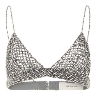 Golden Goose Sleeveless Tops, female, Gray, Size: S Crochet Top with Crystals