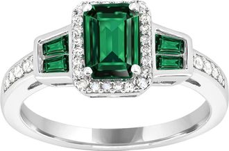 Diamond2Deal 10K White Gold Created Emerald White Sapphire and Diamonds Engagement Ring ( 0.80Ct )