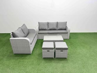 Fimous 7 Seater PE Rattan Wicker Garden Furniture Patio Conservatory Sofa Set with Rectangular Coffee Table 3 Seater Sofa Love Sofa 2 Stools