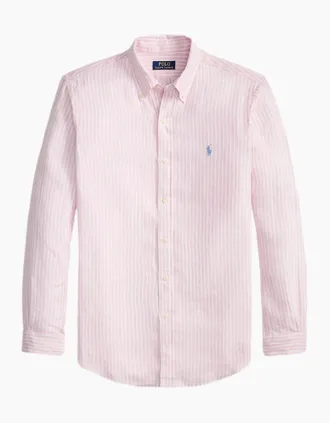Polo Ralph Lauren Mens Polo Ralph Lauren LS Linen Stripe Shirt 500 Pink/White - Size: 38/Regular