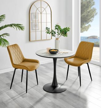Furniturebox Elina White Marble Effect Scratch Resistant Dining Table & 2 Pesaro Black Leg Velvet Chairs in Mustard