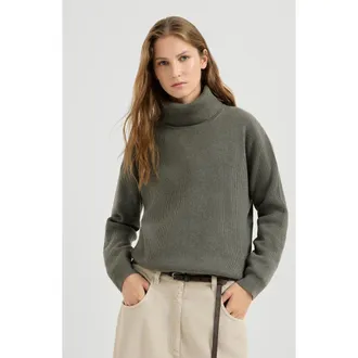 Brunello Cucinelli Cashmere English rib turtleneck sweater with monili in Origano at Nordstrom, Size Xxx-Large