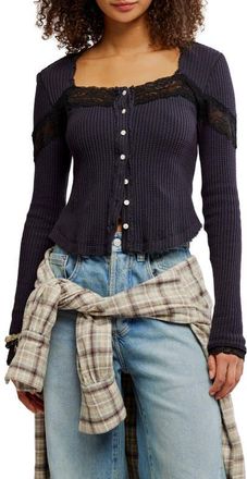 Free People Lets Party Lace Trim Cotton Waffle Cardigan in Black at Nordstrom, Size X-Small