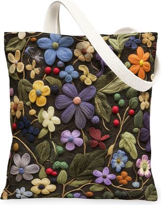 Generic Spring Periwinkle Flower Canvas Tote Bag for Shopping 13x15, Knitting Theme Florals Reusable Grocery Print Bag for Women, Fun Vintage Beach Aesthetic 