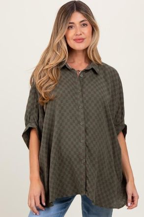 Pinkblush Checker Print Short Sleeve Oversized Blouse in Olive Green at Nordstrom, Size X-Large