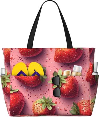 Generic Pink Strawberry Print Large Beach Bag Foldable Travel Shoulder Tote Bag With Pocket For Weekender Pool Vacation