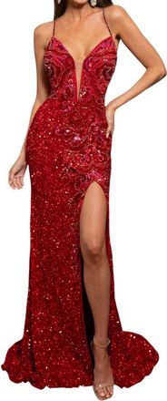 Rachel Allan Fitted Ornate Prom Dress In Red Fuchsia