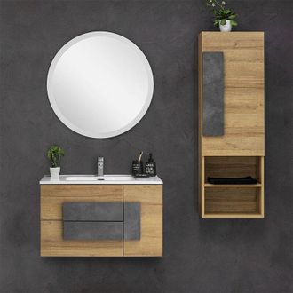 Feridras Feridras - Mobile Bagno Sospeso Effetto Legno 80x47 cm con Specchio Tondo