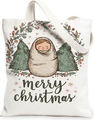 Generic Christmas Tree Floral Canvas Tote Bags, Nature Pattern Reusable Grocery Bags, Winter Vintage Lightweight Washable Shoulder, White, 13x15 Inch