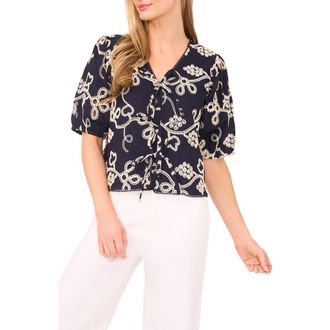 CeCe by Cynthia Steffe Embroidered Puff Sleeve Cotton Top in Night Shade at Nordstrom Rack, Size X-Small