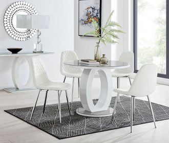 Furniturebox Giovani Round 4 Seat 100cm White High Gloss Halo Base Grey Glass Top Dining Table 4 Soft Faux Leather Silver Leg Corona Chairs