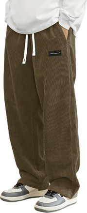 Generic Mens Corduroy Trousers Loose Fit Cosy Casual Trouser Elasticated Waist with Drawstring Joggers Stretch Straight Leg Pants for Streetwear Brown
