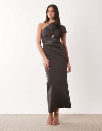 Asos Vestito midi monospalla asimmetrico con finiture in tessuto stile scuba marrone