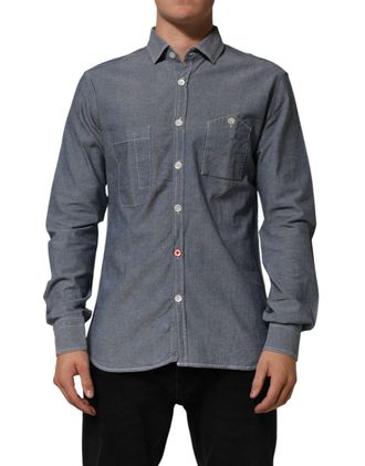 Aglini Blue Denim Regular Fit Collared Long Sleeve Casual Mens Shirt