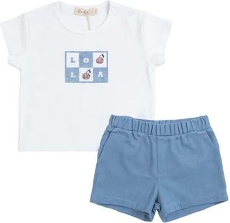 Lola Boy Woven Denim Shorts & Rib Knit Top Two Piece Set in Light Denim Wash at Nordstrom, Size 18M