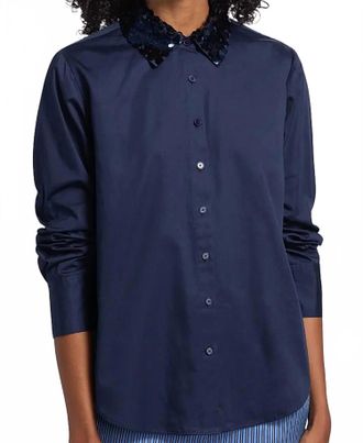 Derek Lam Alina Sequin Collar Cotton Sateen Shirt In Blue