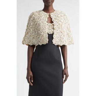 Oscar De La Renta Floral Embroidered Cape in Silver at Nordstrom, Size X-Small