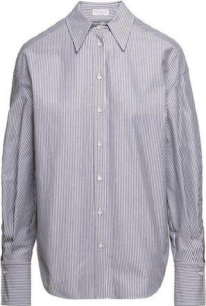 Brunello Cucinelli Womens White Blue Striped Button-Up Shirt, Size L