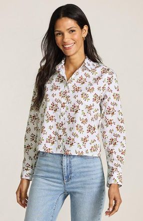 Lands End No Iron Boxy Cropped Shirt in White Meadow Floral at Nordstrom, Size X-Large