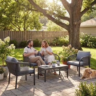 OUTSUNNY 4 Piece Rattan Garden Furniture Set w/ Steel Frame, Cushions, Grey in Dark Grey | Size: 3 Seater
