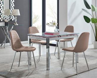 Furniturebox Enna White Glass Extending 4-6 Seater Dining Table & 4 Corona Faux Leather Chairs in Beige