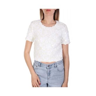 Michael Kors Overhemden, Dames, Wit, S, Polyester, Floral Embellished Scuba Top