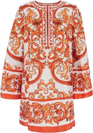 Dolce & Gabbana Kaftan Jurk in Majolica-Print Twill - Dames - Korte kleedjes - Veelkleurig - XL - Kleedjes
