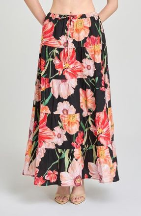 Wayf Marigold Tiered Midi Skirt in Black Poppies at Nordstrom, Size X-Small
