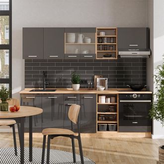 Vicco Mueble De Cocina R-line, Antracita Brillo Intenso/roble Dorado El&eacute;ctrico, 240 Cm Sin Encimera