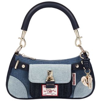True Religion Color Block Denim Shoulder Bag with Front Flap Pocket and Lock Detail