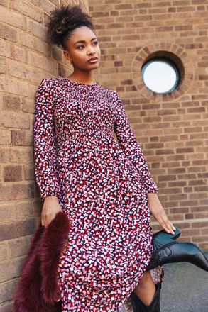 Roman Ditsy Floral Shirred Midi Dress