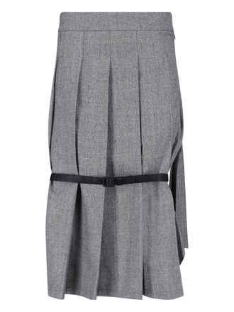Vaquera Grey Pleated Front-Buckle Wool Midi Skirt