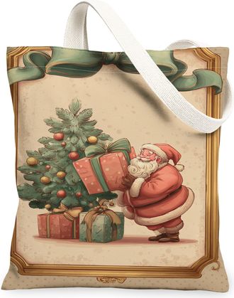 Generic Christmas Canvas Tote Bags, Festive Tree Design Reusable Grocery Bags, Lightweight Washable Canvas for Holiday Shopping and, Beige, 13x15 Inch