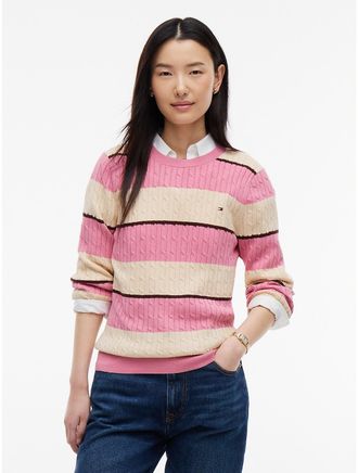 Tommy Hilfiger Womens Rugby Stripe Cable Knit Sweater - Mystic Pink - XXL